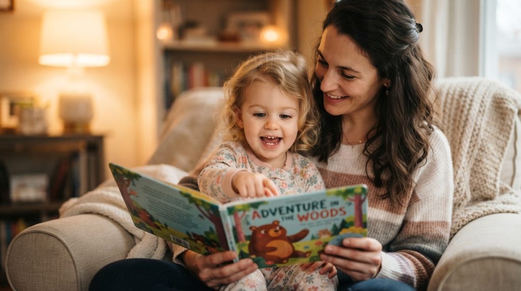 Parent reading aloud to a child while enjoying a storybook together