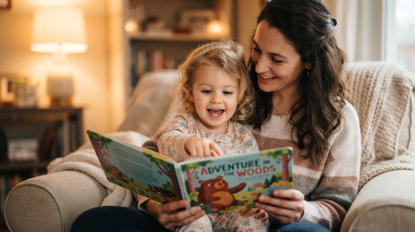 Parent reading aloud to a child while enjoying a storybook together